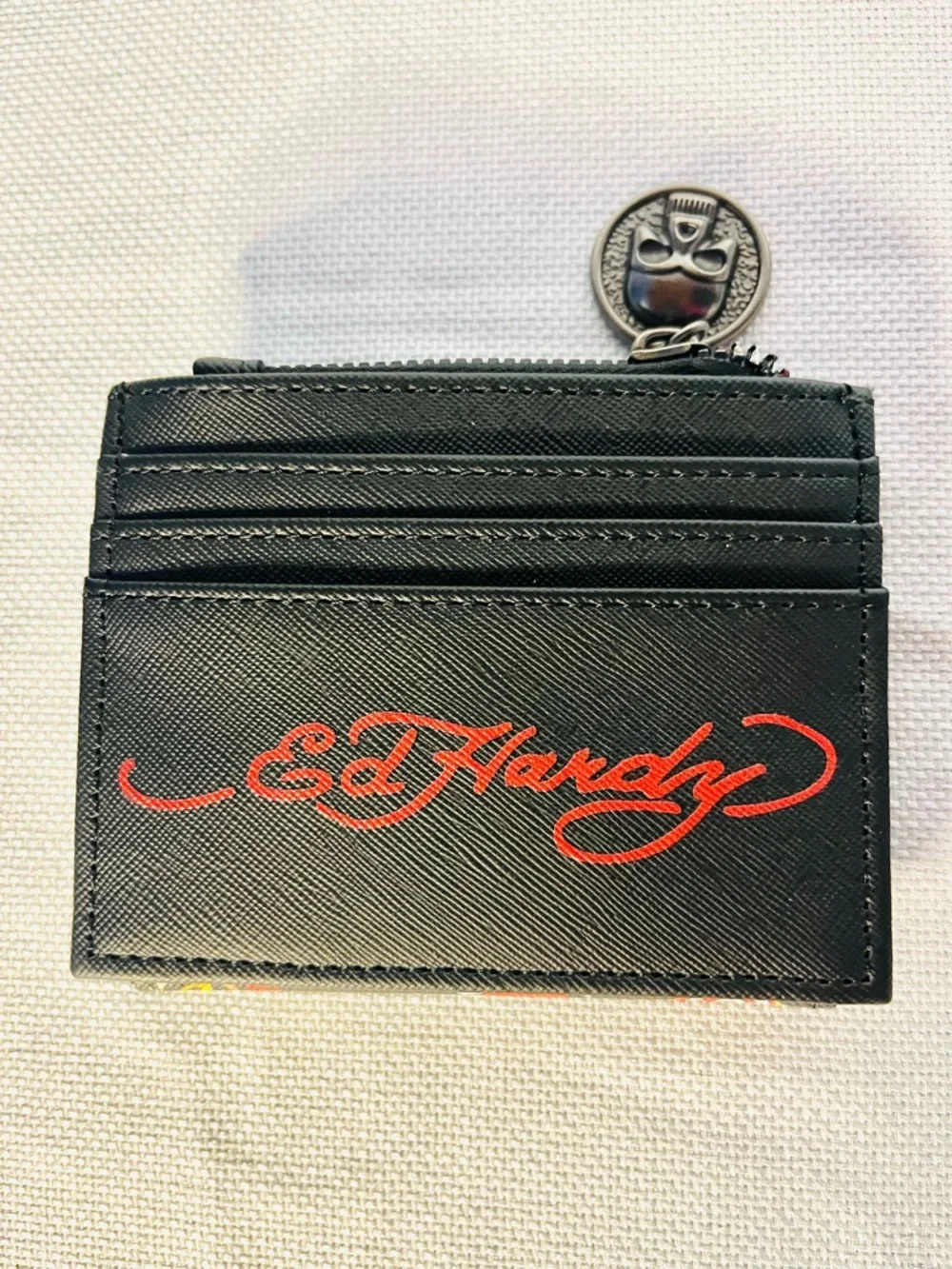 Ed Hardy Black Tattoo-Print Card Holder Coin Purse with Signature Zipper Pull - Picture 4 of 6